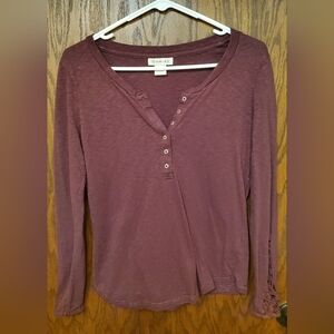 Ariat Burgundy Long Sleeve Henley Top with crotchet sleeves